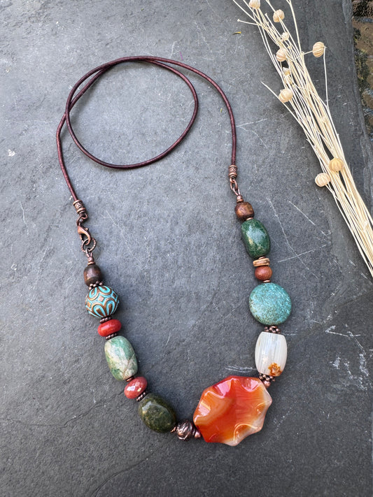 Turquoise, Mixed stone, wood, carnelian agate, copper metal, leather, necklace