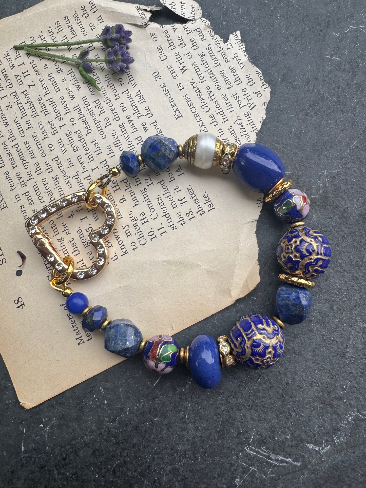 Lapis lazuli stone, ceramic, Cloisonné, pearls, gold metal, bracelet, carabiner clasp