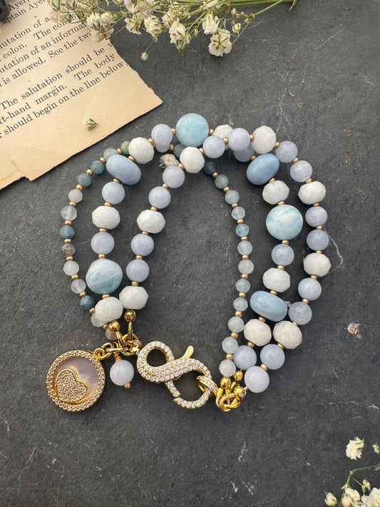 Aquamarine gemstone, blue opal, gold metal, rhinestone,bracelet