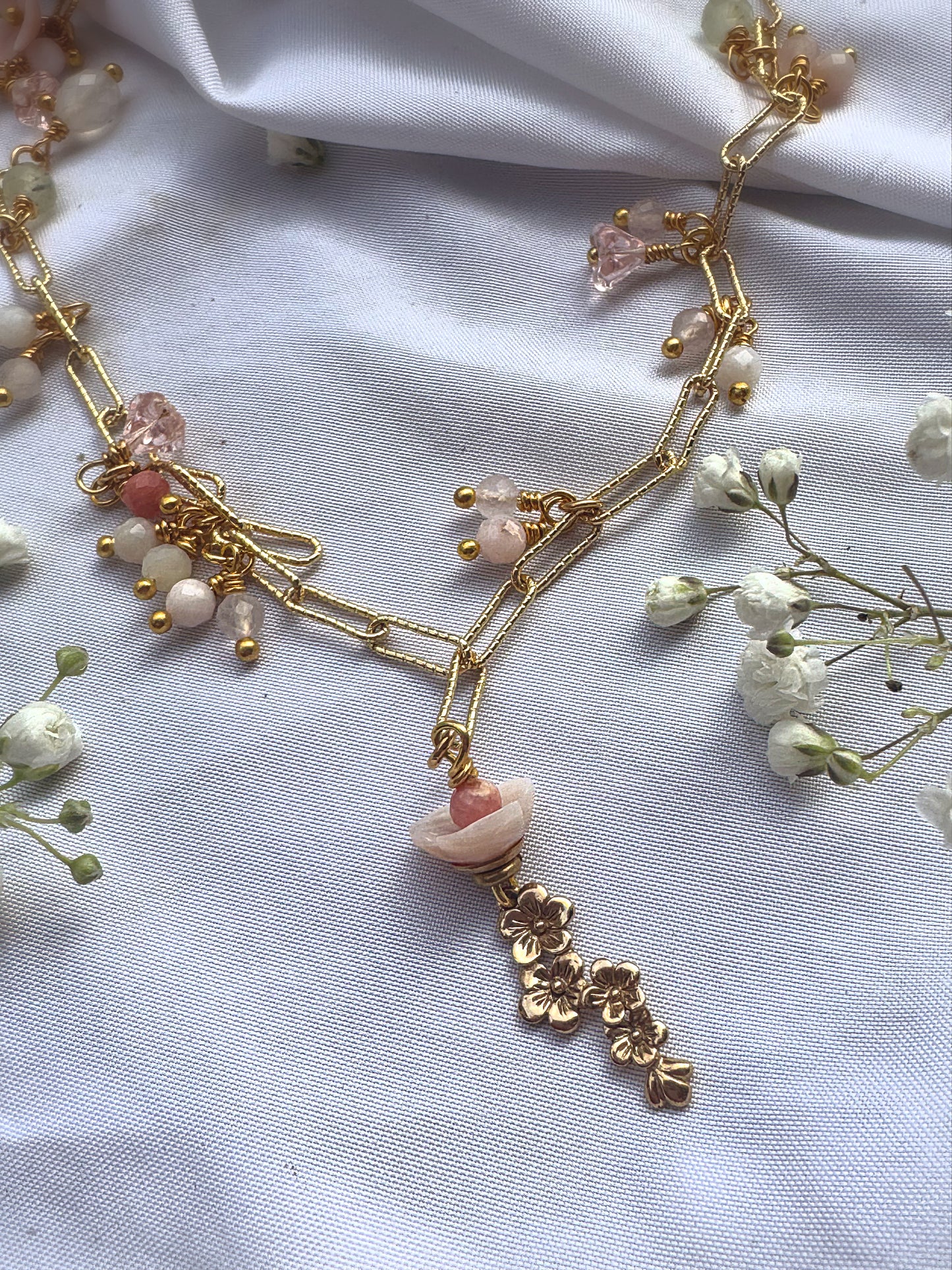 Pink opal, pearls, rose quartz, Paperclip 14K Heavy Gold Plated Chain, gold metal cherry blossom pendant, pink shell blossoms, necklace, jewelry.