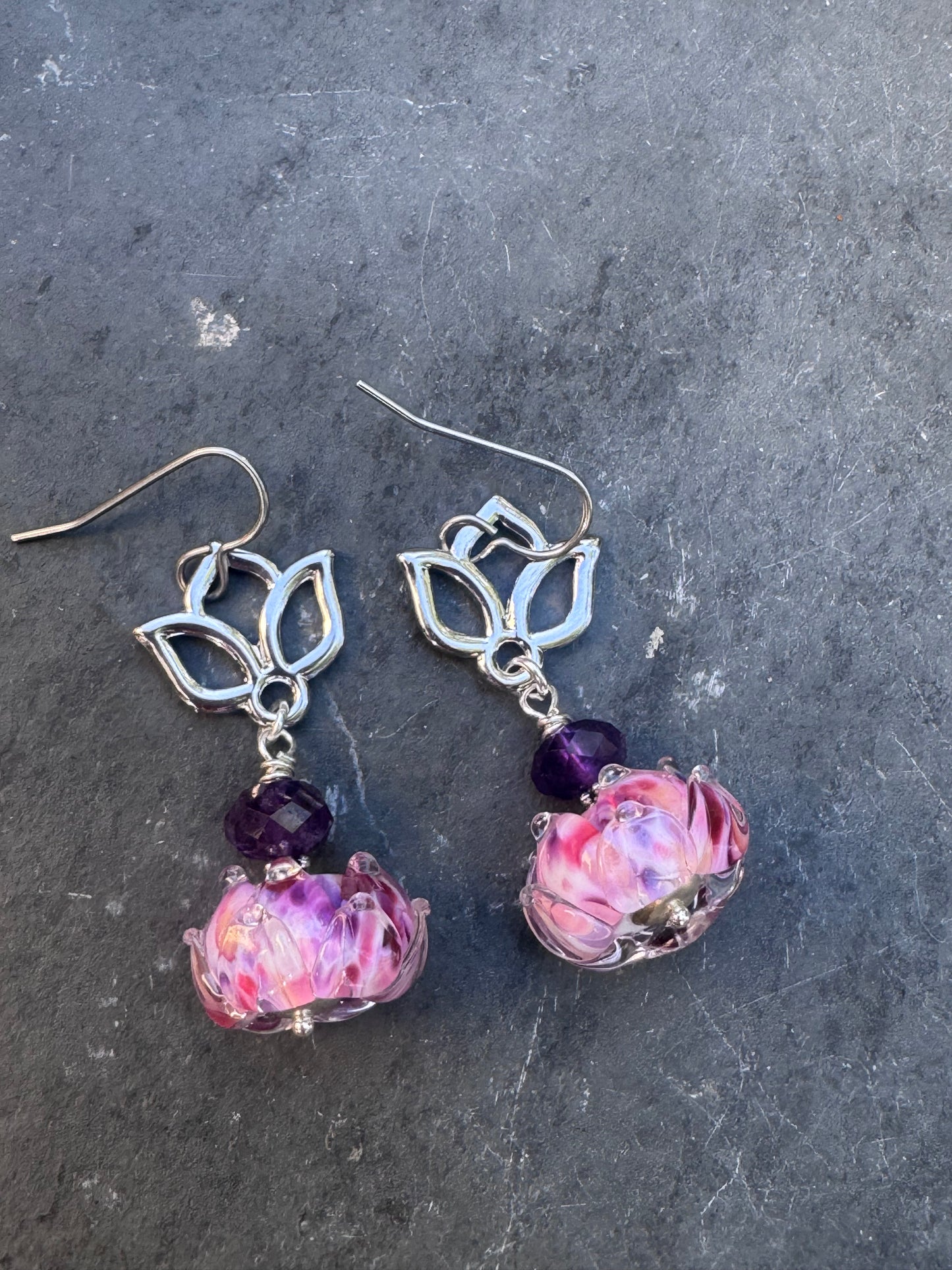 Handmade lampwork glass in pink and purples, lotus flower charm, amethyst stone, earrings