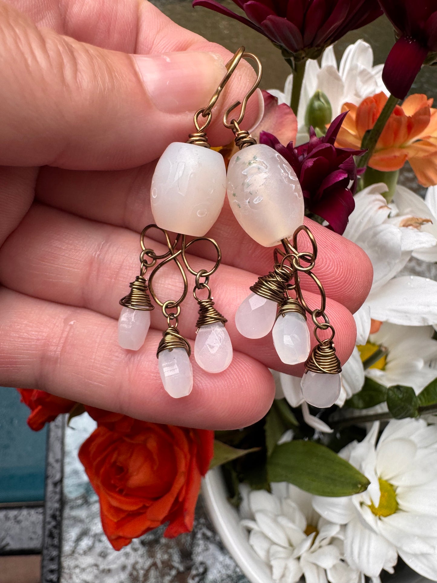 White dzi agate, moonstone, antiqued brass metal, earrings