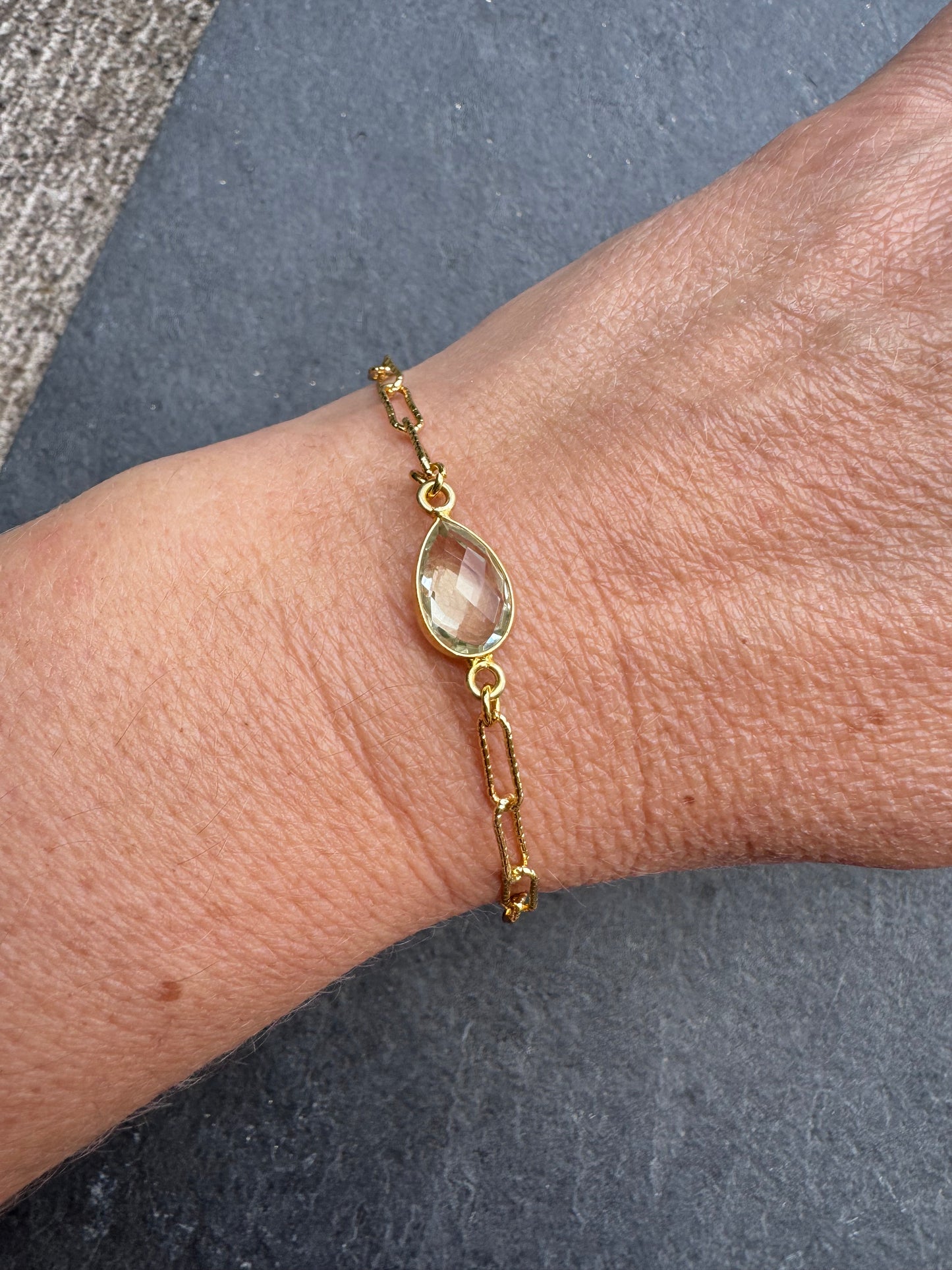 Green Prasiolite gemstone, vermeil and 14 k gold metal bracelet.