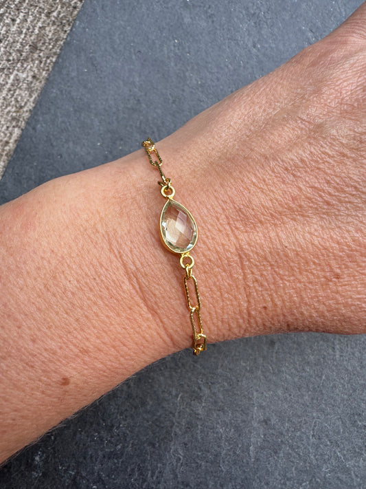 Green Prasiolite gemstone, vermeil and 14 k gold metal bracelet.
