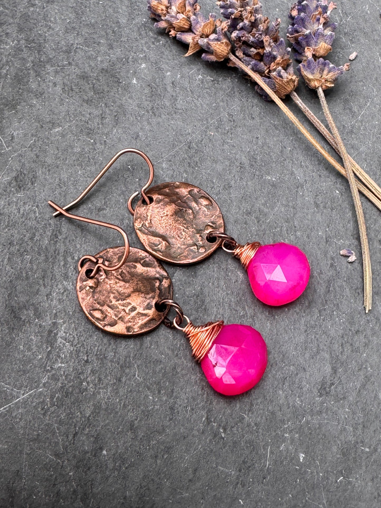 Pink stone, copper metal, earrings