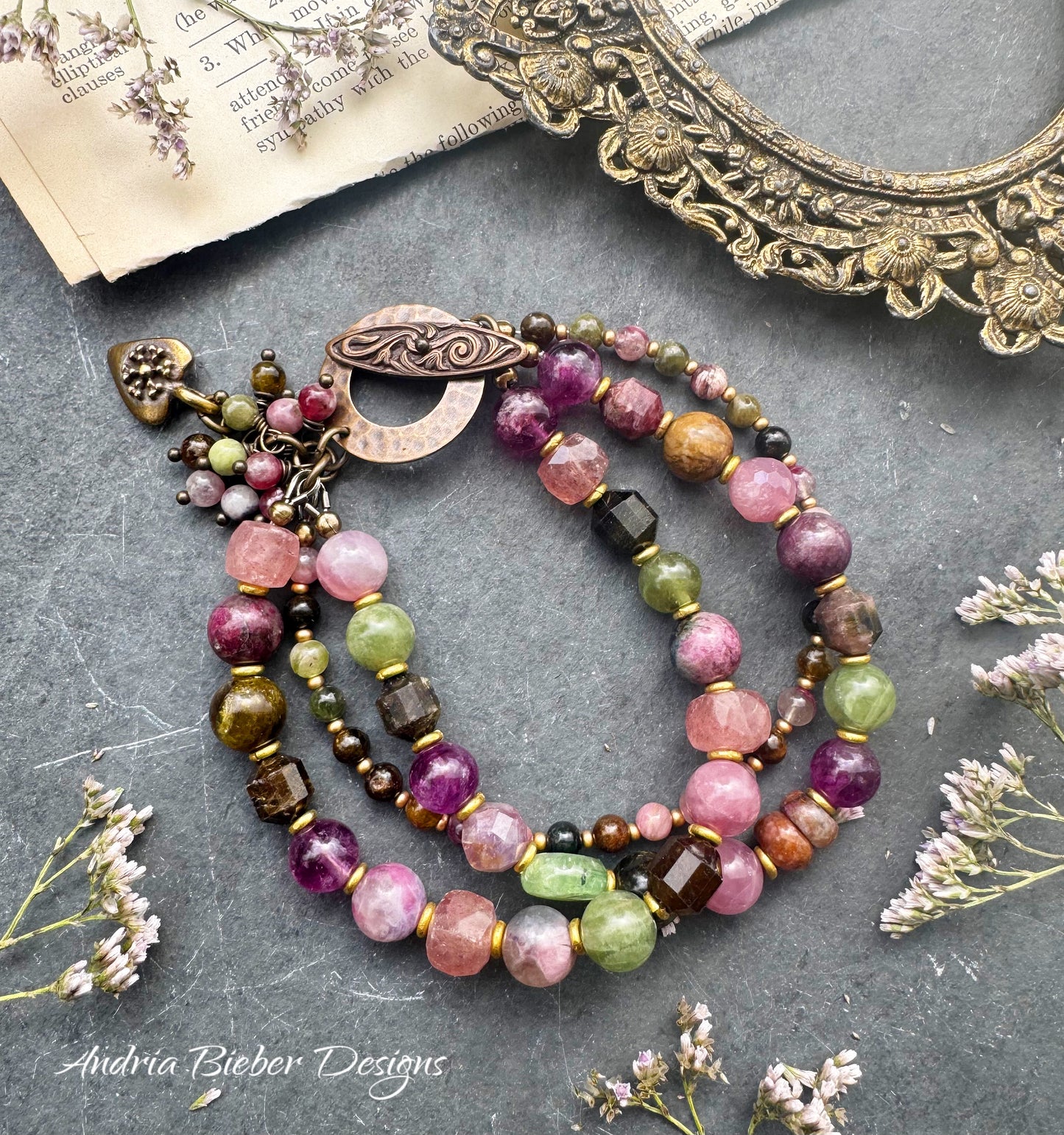 KIT-Spring Vibe. Watermelon tourmaline, purple fluorite, green stone, quartz, brass metal, bracelet