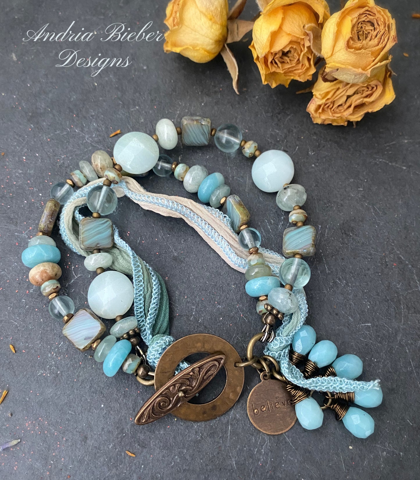Aquamarine, blue stone, Czech glass, ribbon, bronze metal, bracelet, jewelry