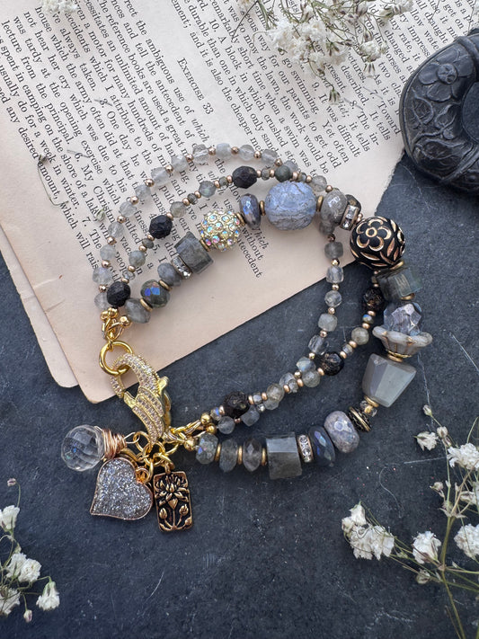 Labradorite stone, Czech glass, gold metal, rhinestone, bracelet