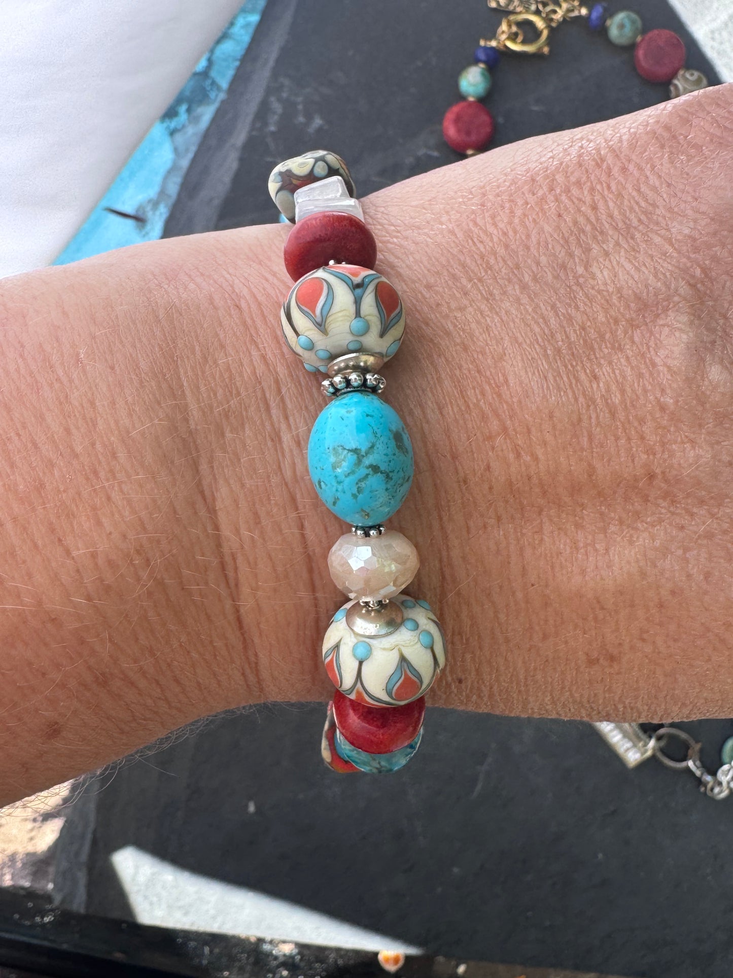 Kingman turquoise, coral, handmade lampwork glass, moonstone, silver metal, bracelet