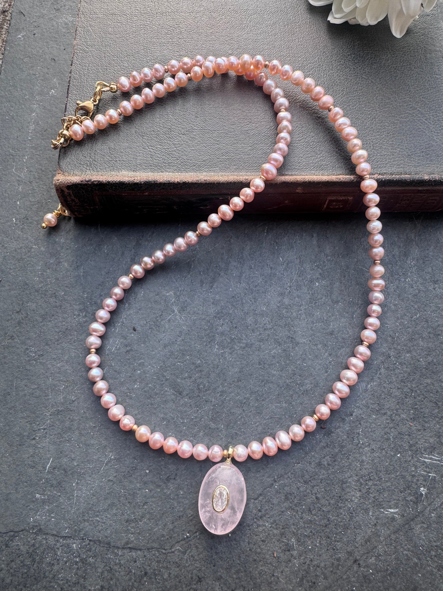 Pink Freshwater pearls, rose quartz drop, and gold metal, necklace