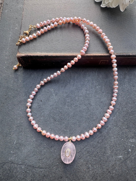 Pink Freshwater pearls, rose quartz drop, and gold metal, necklace