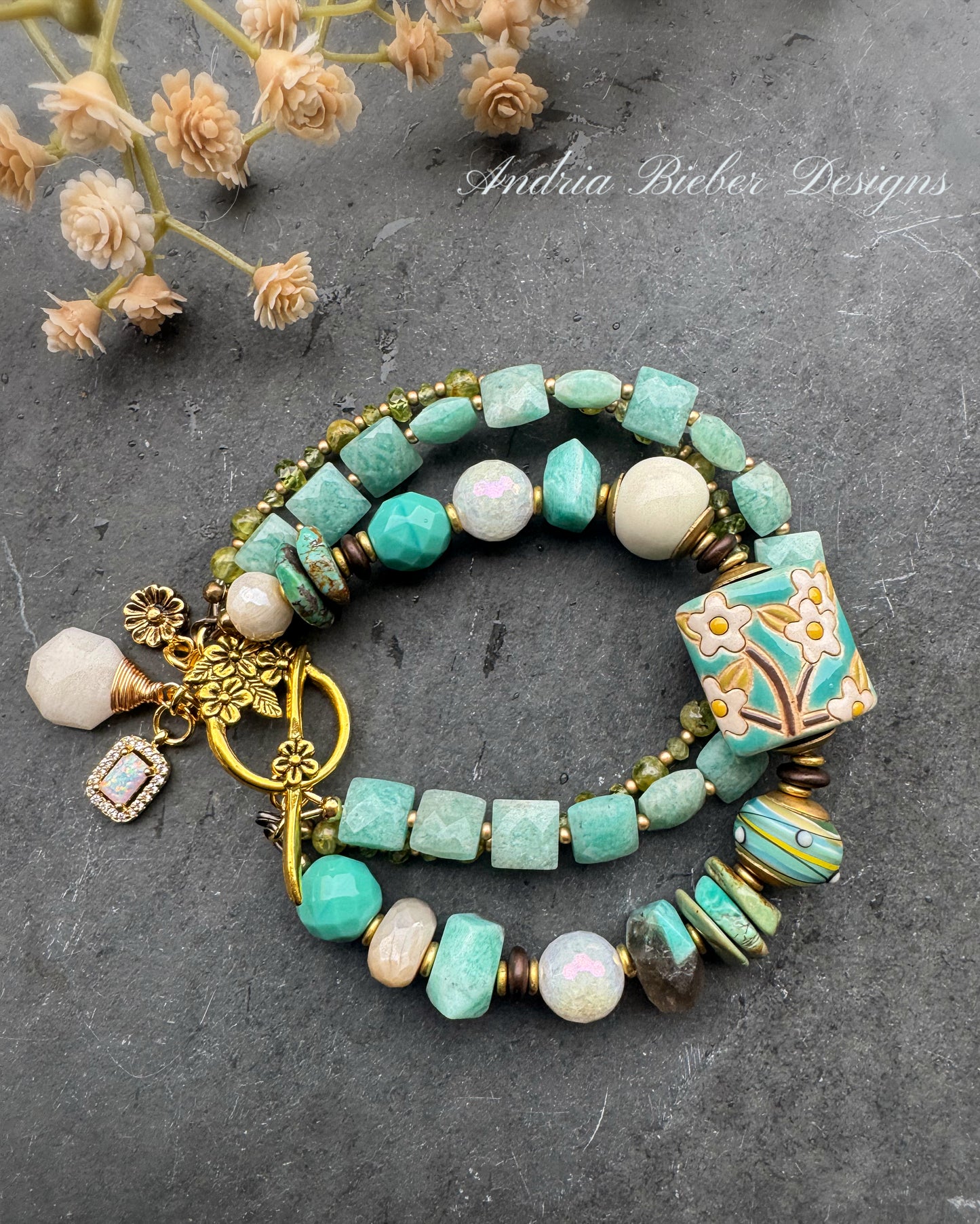 Amazonite, moonstone, Czech glass, peridot, turquoise, lampwork glass, gold metal, bracelet