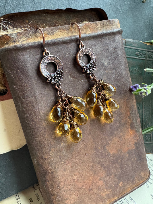 Flower copper detailed charms, faceted citrine stone, copper earrings