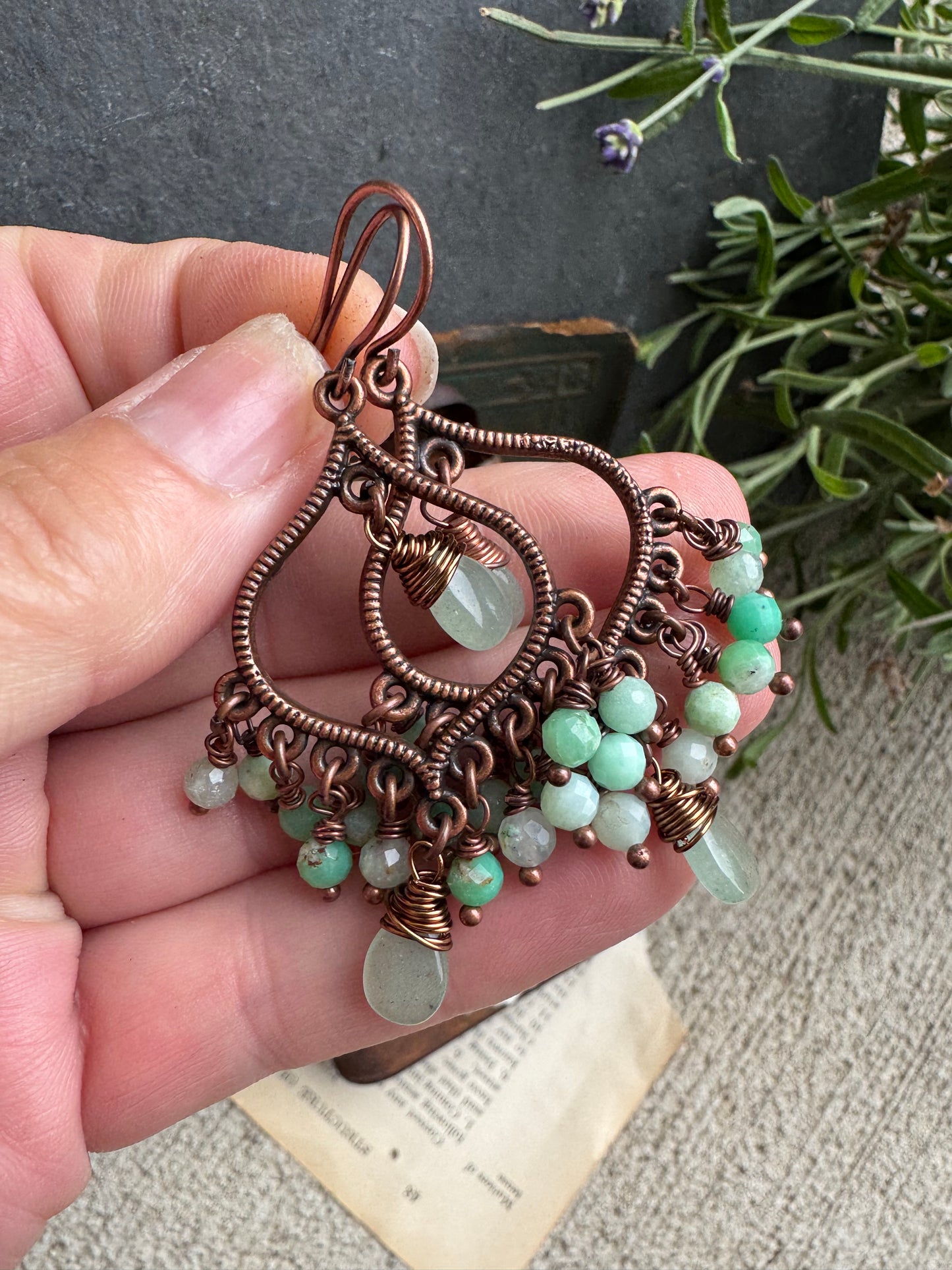 Chrysoprase stone, Drop detailed charms, copper earrings