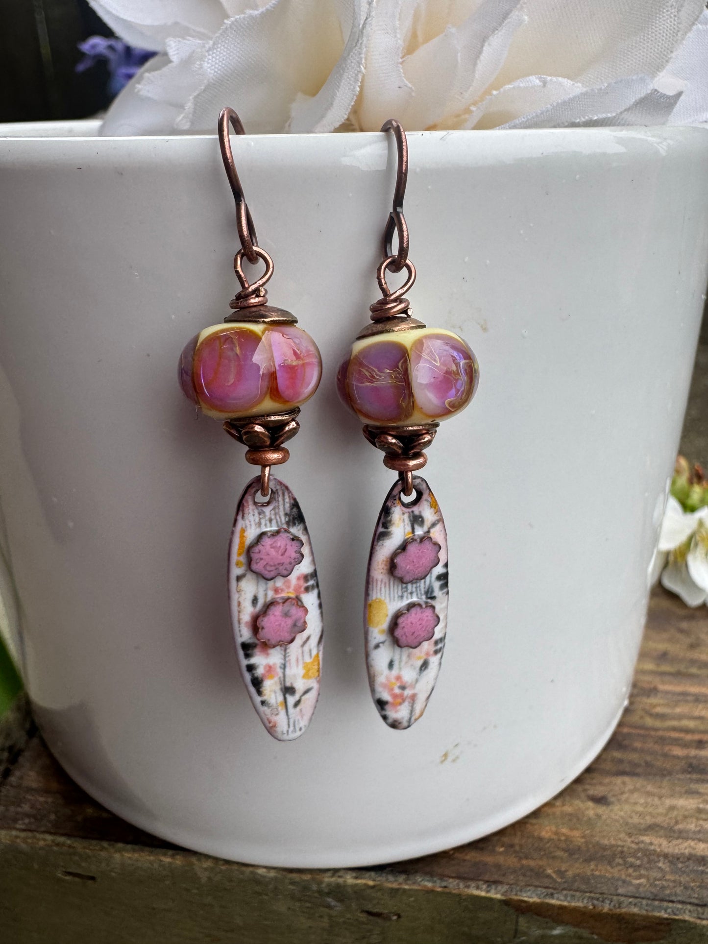 Enamel charm in glass and copper metal, lampwork glass, earrings