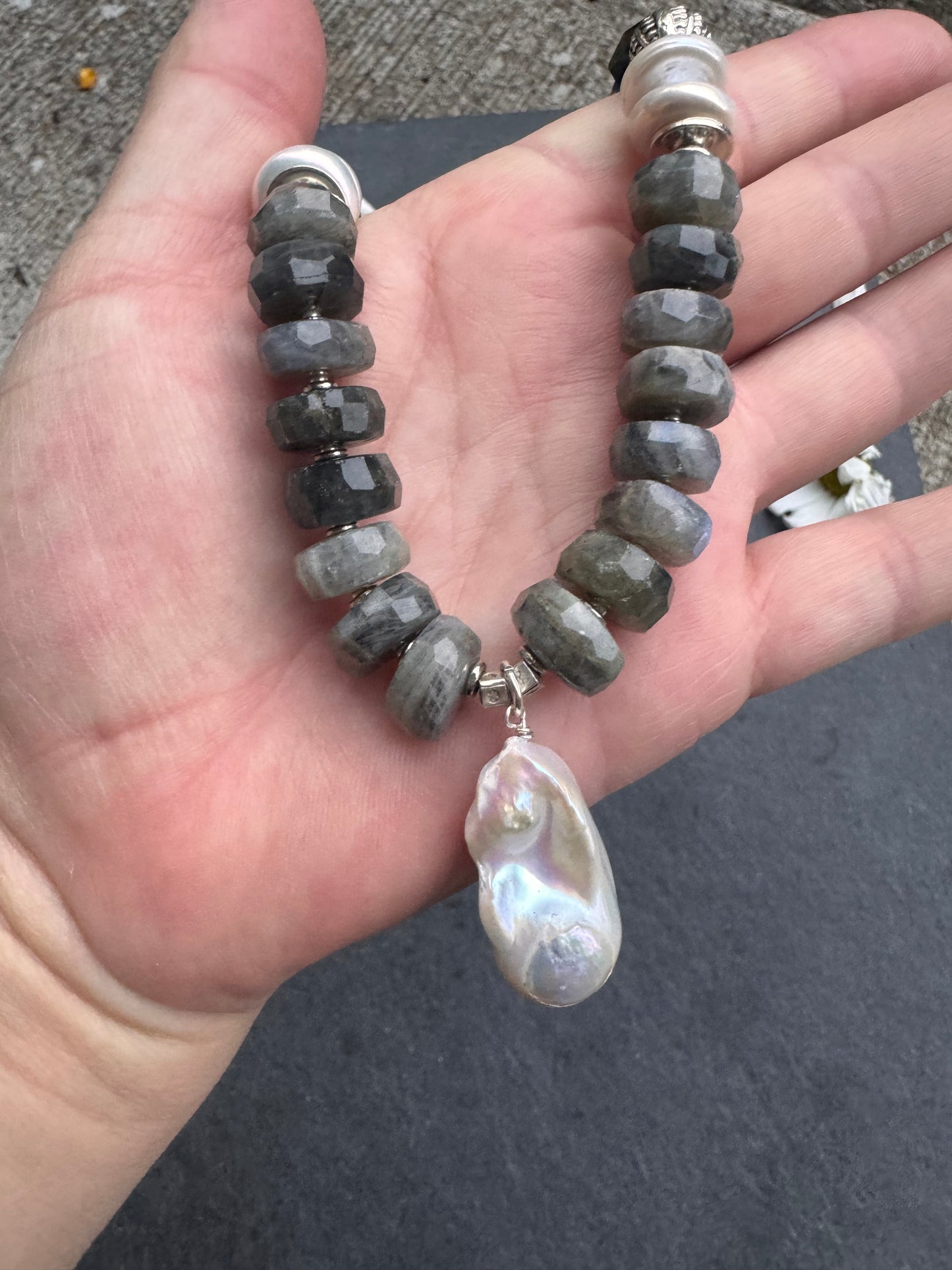 Labradorite, baroque pearl, pewter, silver metal, necklace.