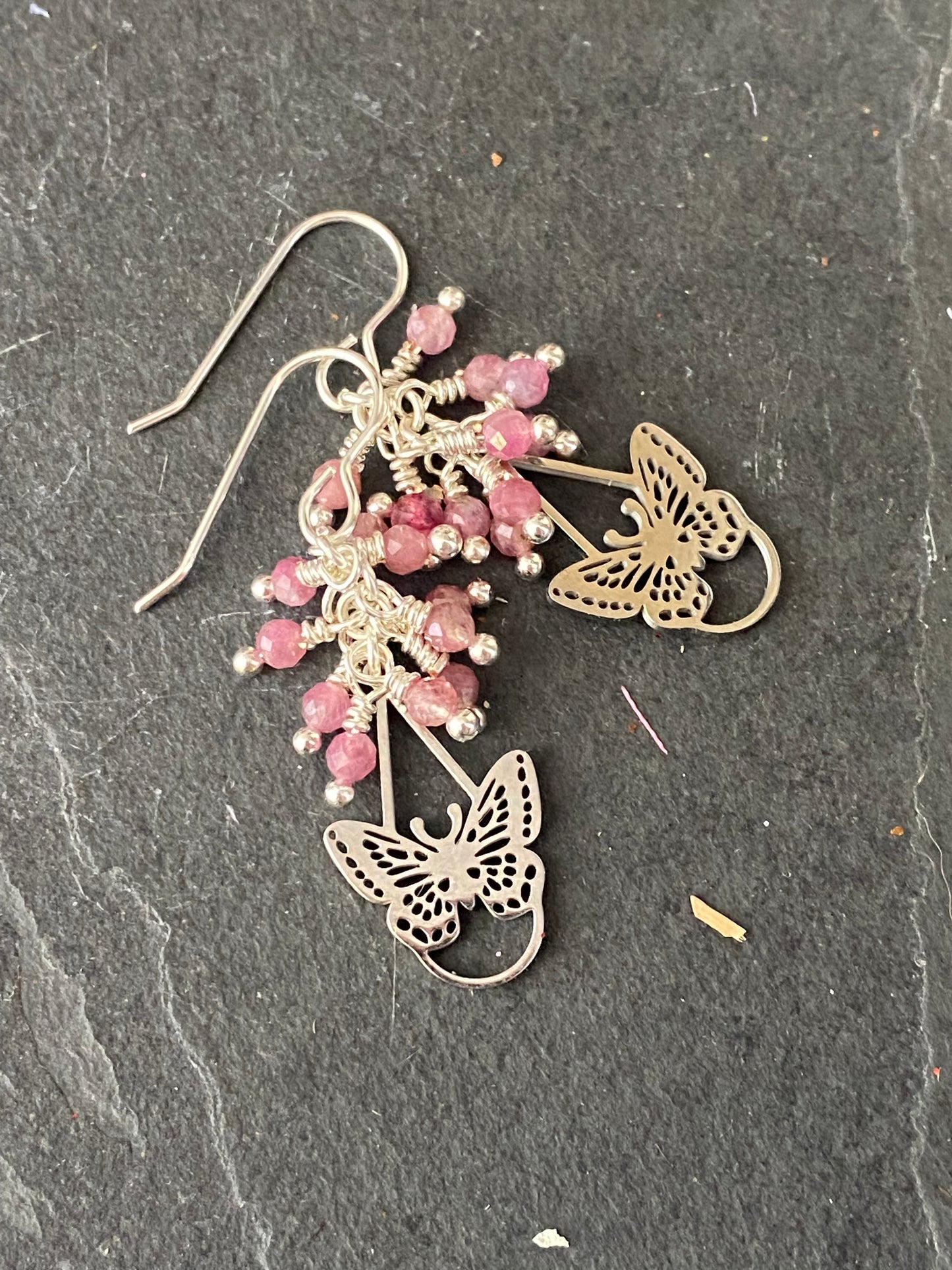 Butterfly charms, tourmaline pink stone, silver jewelry.