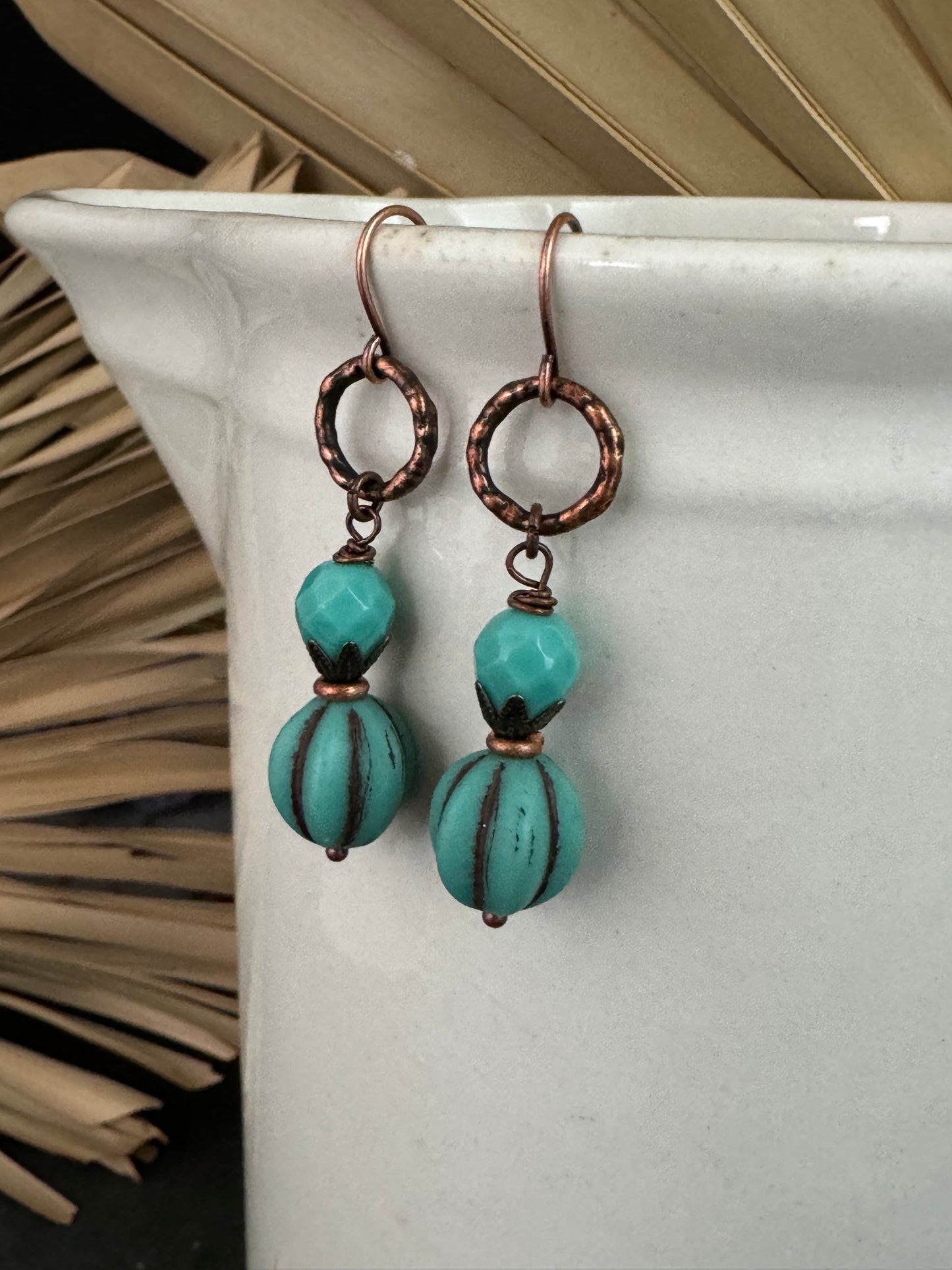 Turquoise Czech glass, hammered copper metal, earrings