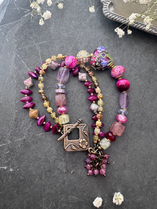 Lamp work glass, amethyst, moonstone,prehnite, pink moonstone, strawberry quartz, green garnet, iolite, watermelon tourmaline, pink crazy agate, shell, pink tourmaline, flower clasp, bronze metal
