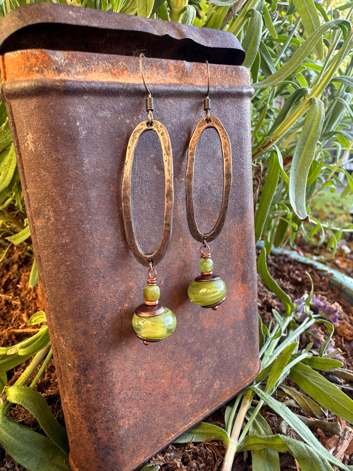 Olive green, Handmade lamp work Glass, bronze metal , earrings