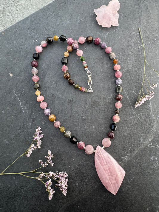 Watermelon tourmaline stone, rose quartz, pink tourmaline, strawberry quartz, necklace