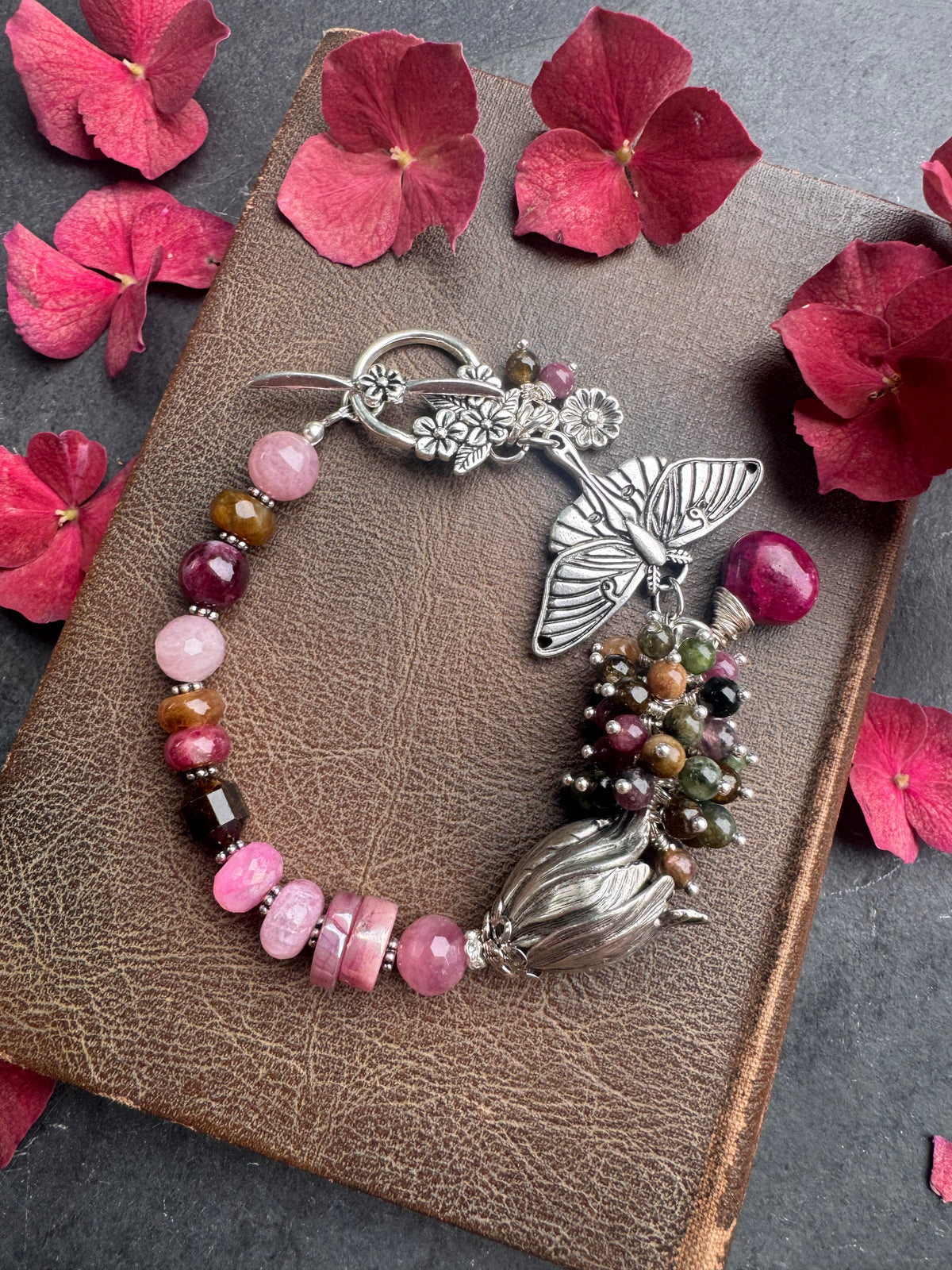 Silver moth. Madagascar rose quartz, pink moonstone, pink Tourmaline, watermelon tourmaline, silver moth, silver metal, bracelet.