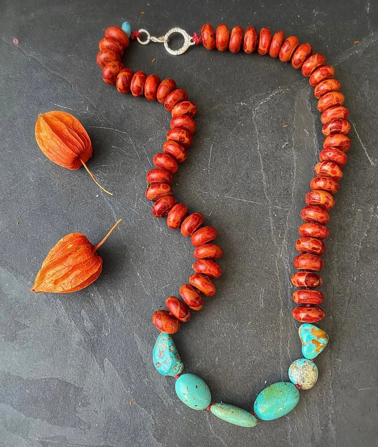 Kingman, turquoise, red sponge coral, knotted, necklace