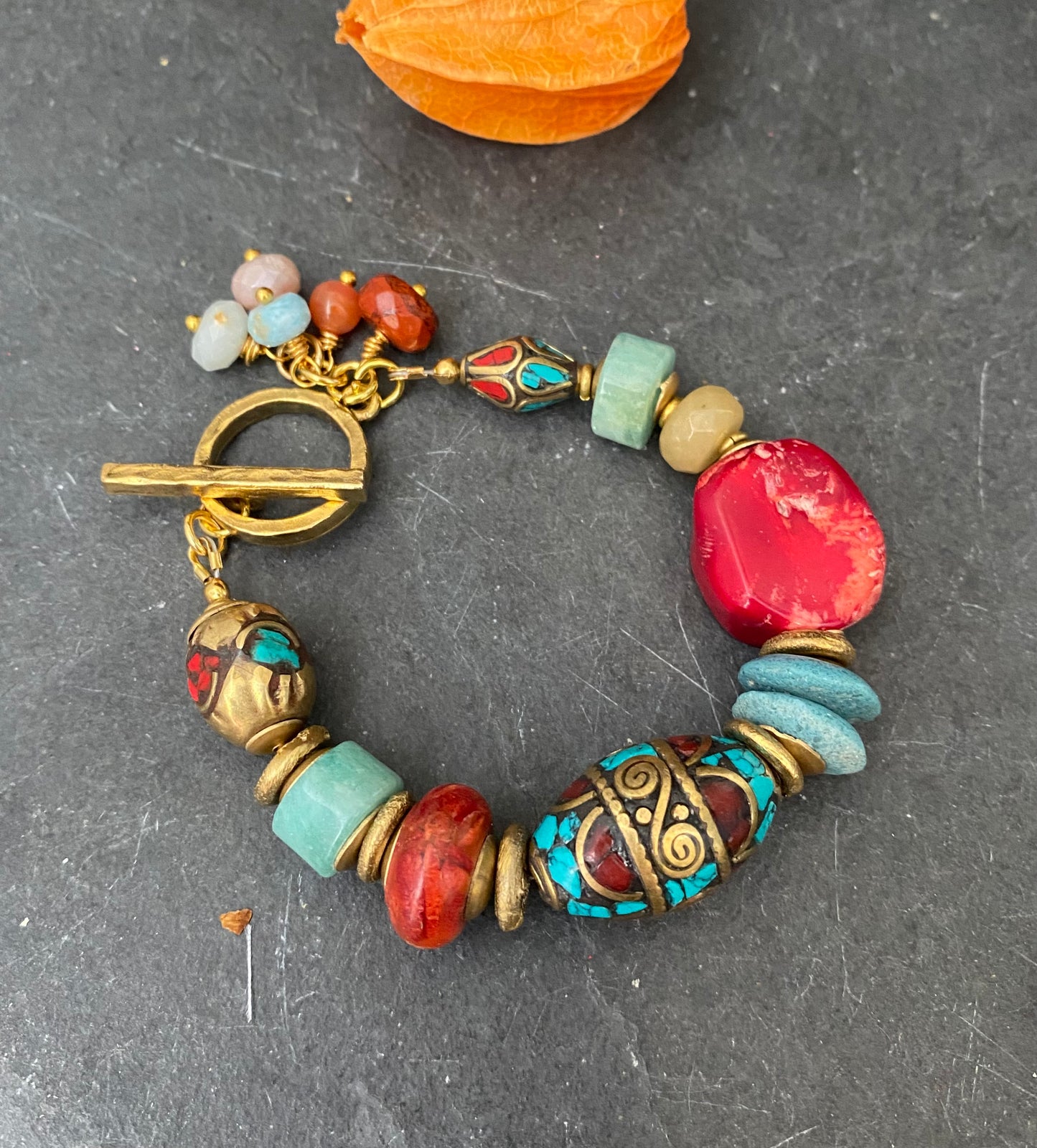 Amazonite, coral, agate, african brass, nepal beads, bracelet.
