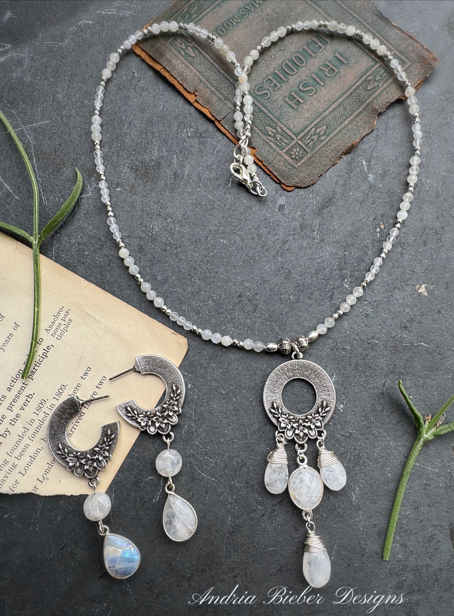 Moonstone and Sterling silver, necklace and earrings set