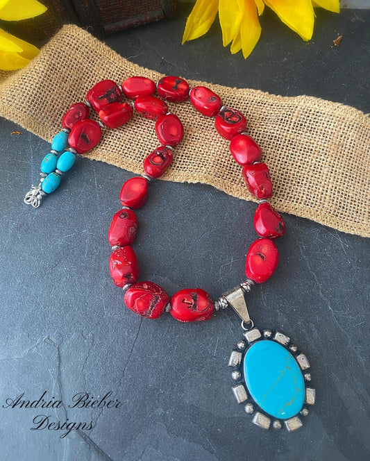 Red coral, turquoise stone, turquoise pendant, silver metal, necklace