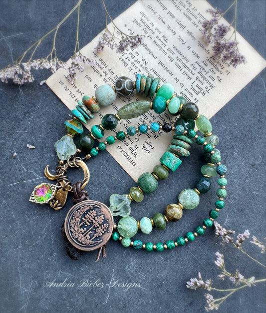 Green stones, turquoise and handmade button clasp.