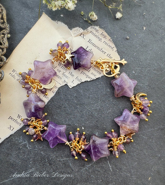 Amethyst stone stars, amethyst stone, gold metal, bracelet