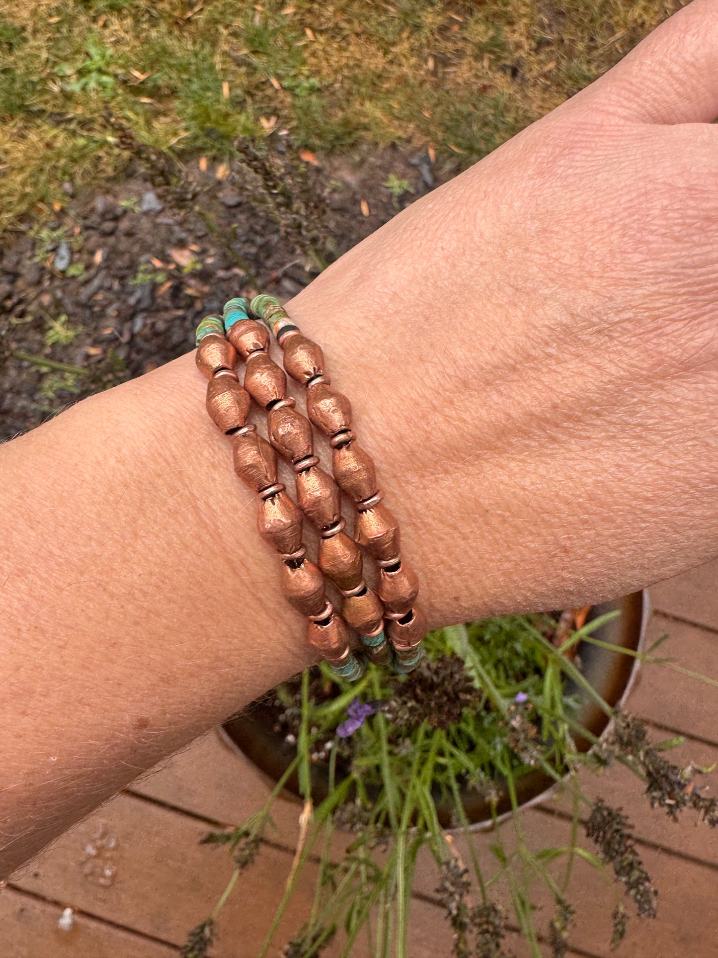 Turquoise stone, copper metal, multi strand, bracelet