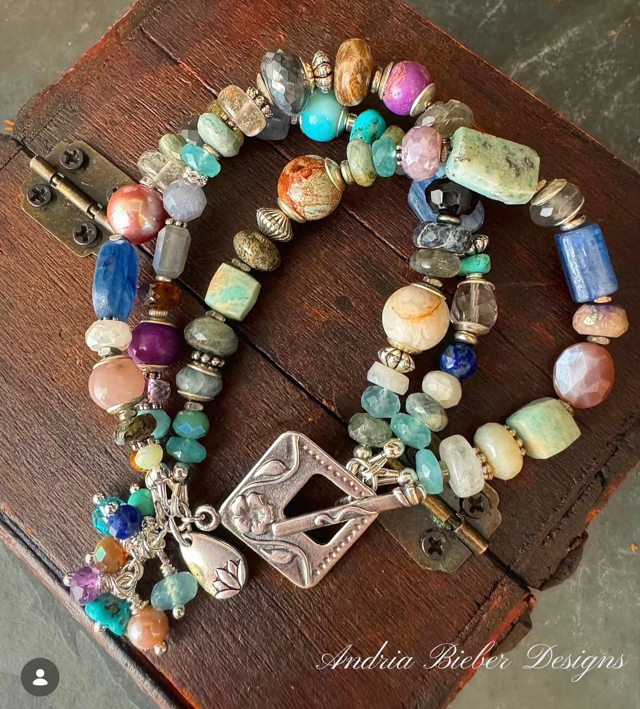 Mixed stone, multi strand, silver metal, bracelet