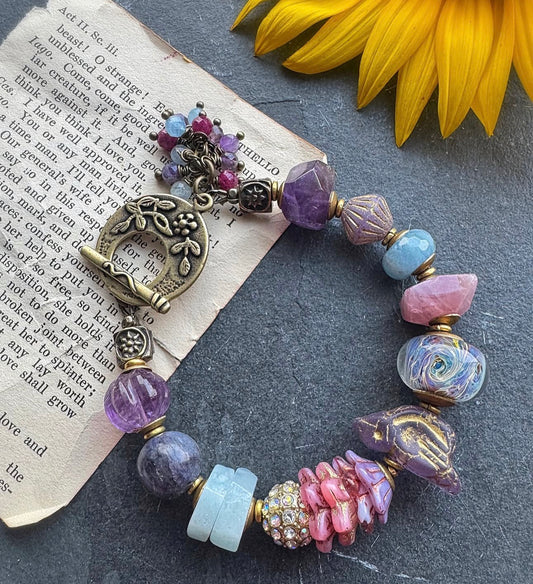 Purple and blue. Mixed gemstone, lampwork glass, czech glass, brass, bronze metal, bracelet