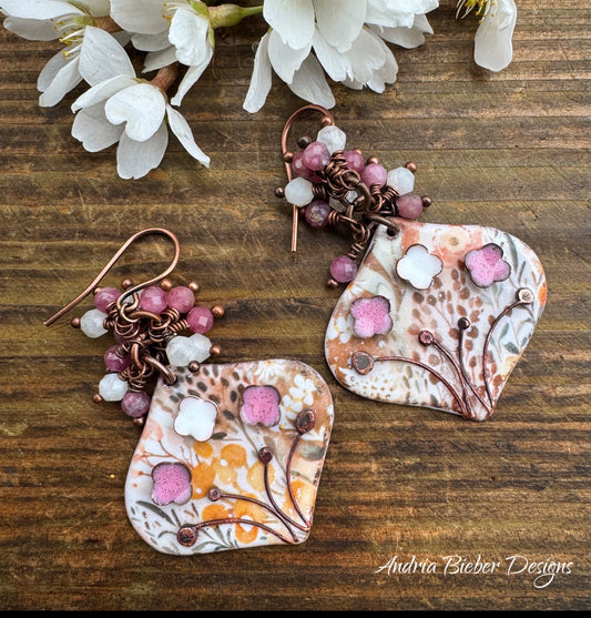 Enamel charm in glass and copper metal pink flowers, pink tourmaline and moonstone. earrings