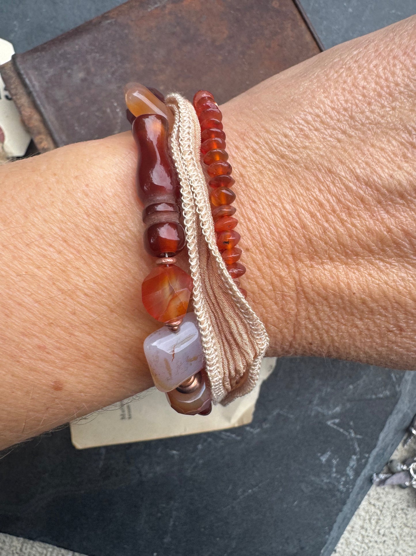carnelian agate, silk ribbon, copper, bracelet