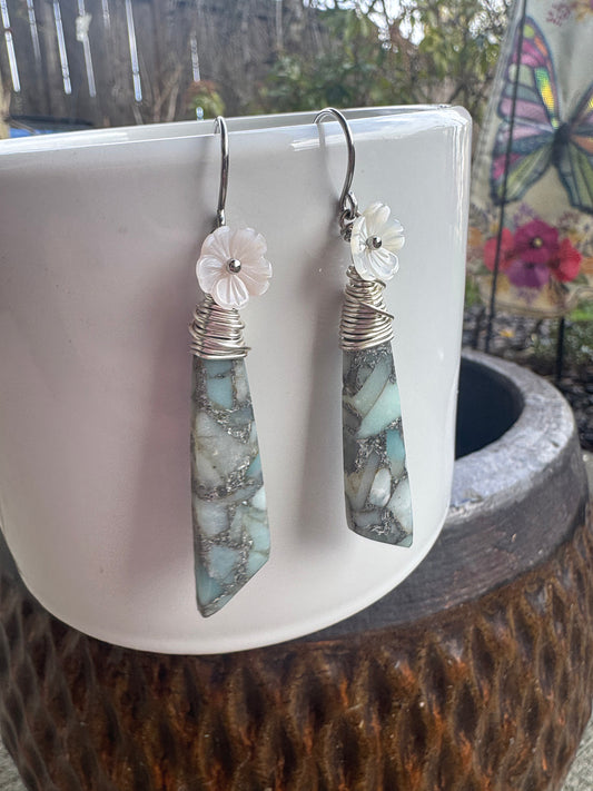 Mixed Jasper, white shell, silver metal,  earrings, jewelry