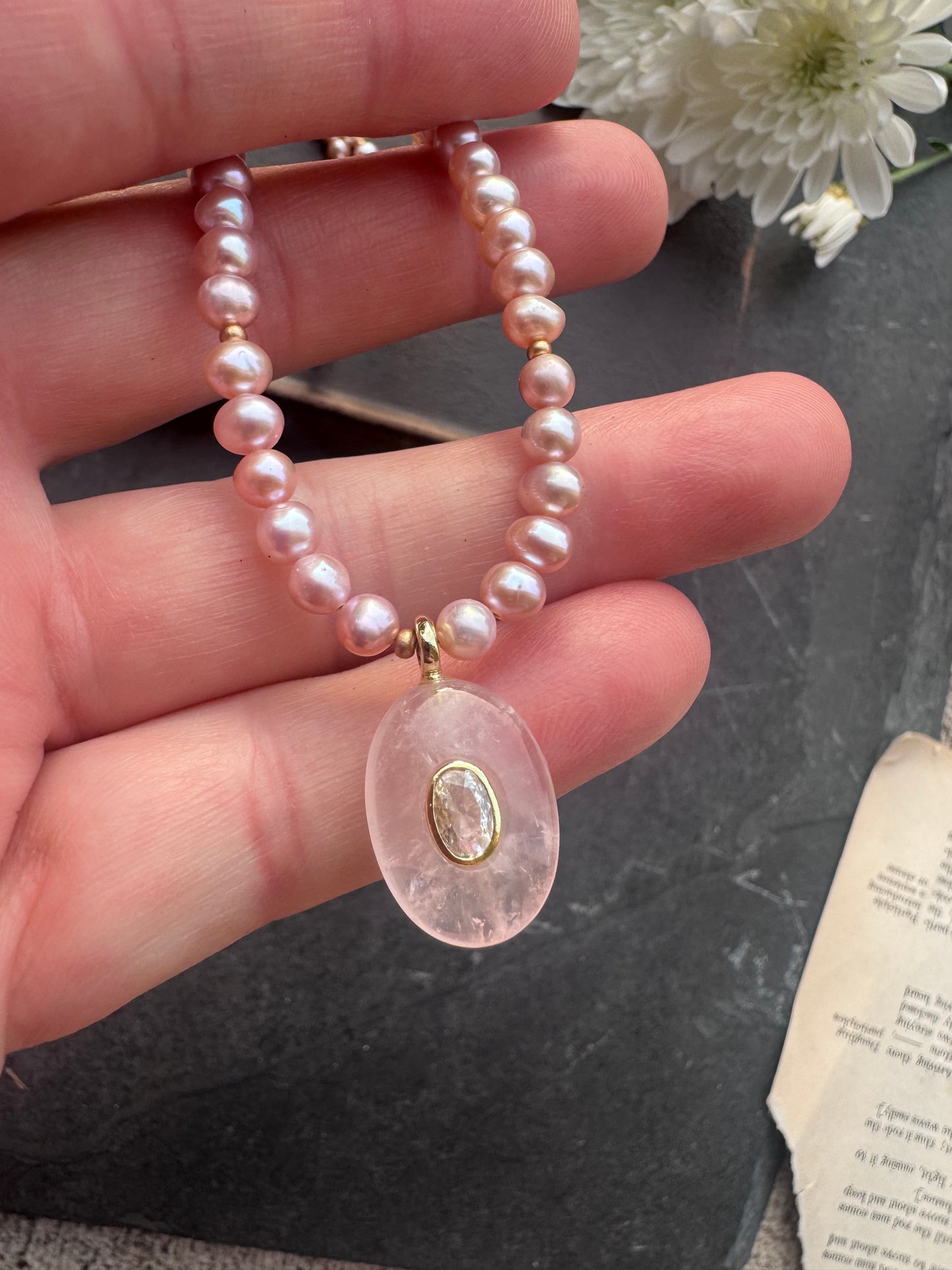 Pink Freshwater pearls, rose quartz drop, and gold metal, necklace