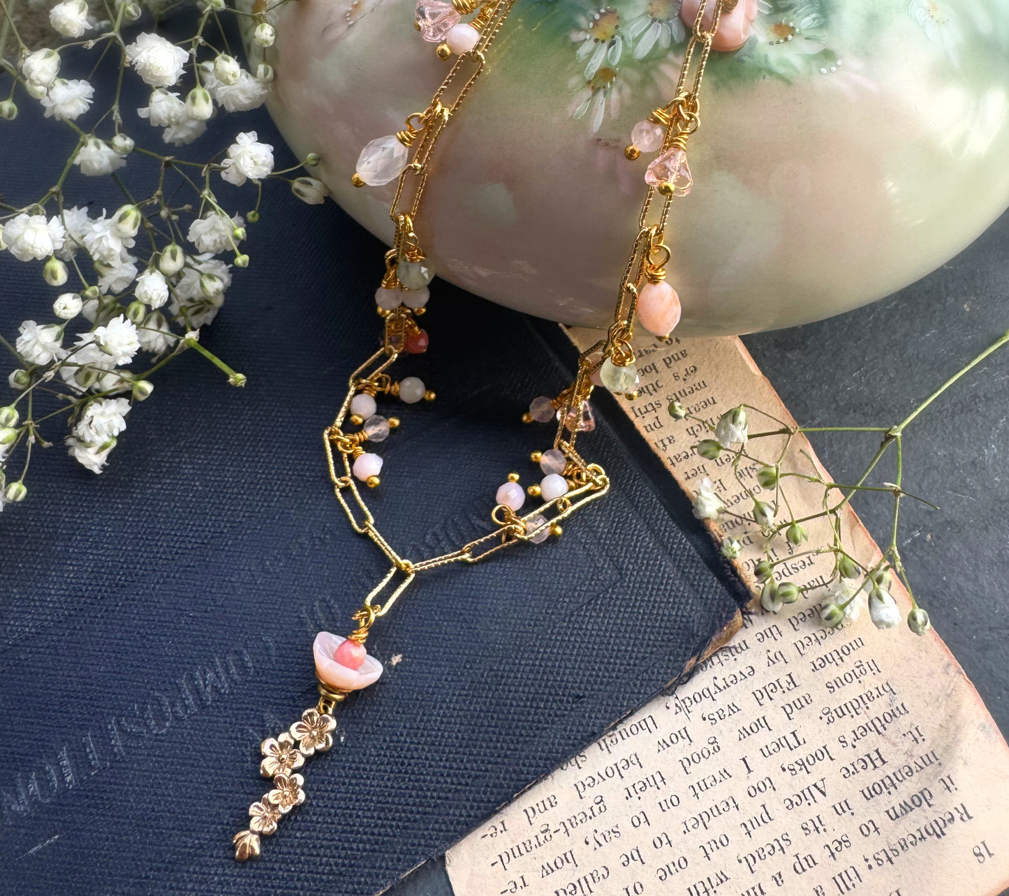 Pink opal, pearls, rose quartz, Paperclip 14K Heavy Gold Plated Chain, gold metal cherry blossom pendant, pink shell blossoms, necklace, jewelry.