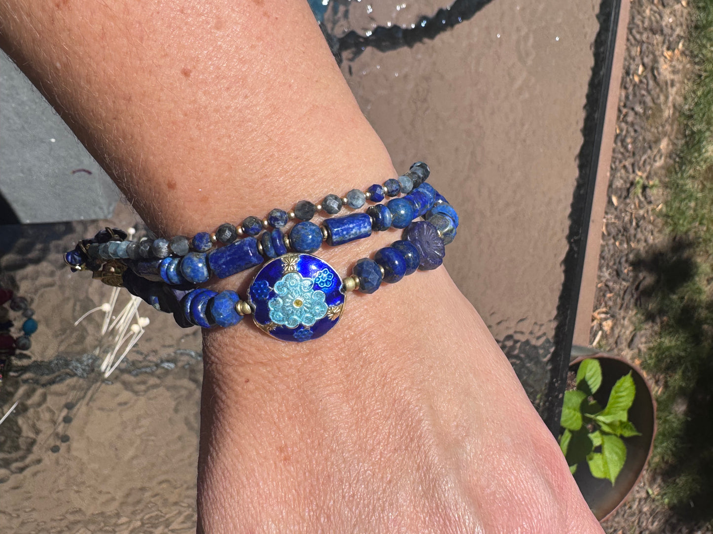 Lapis lazuli stone, czech glass, Cloisonné, gold metal, rhinestone clasp, bracelet