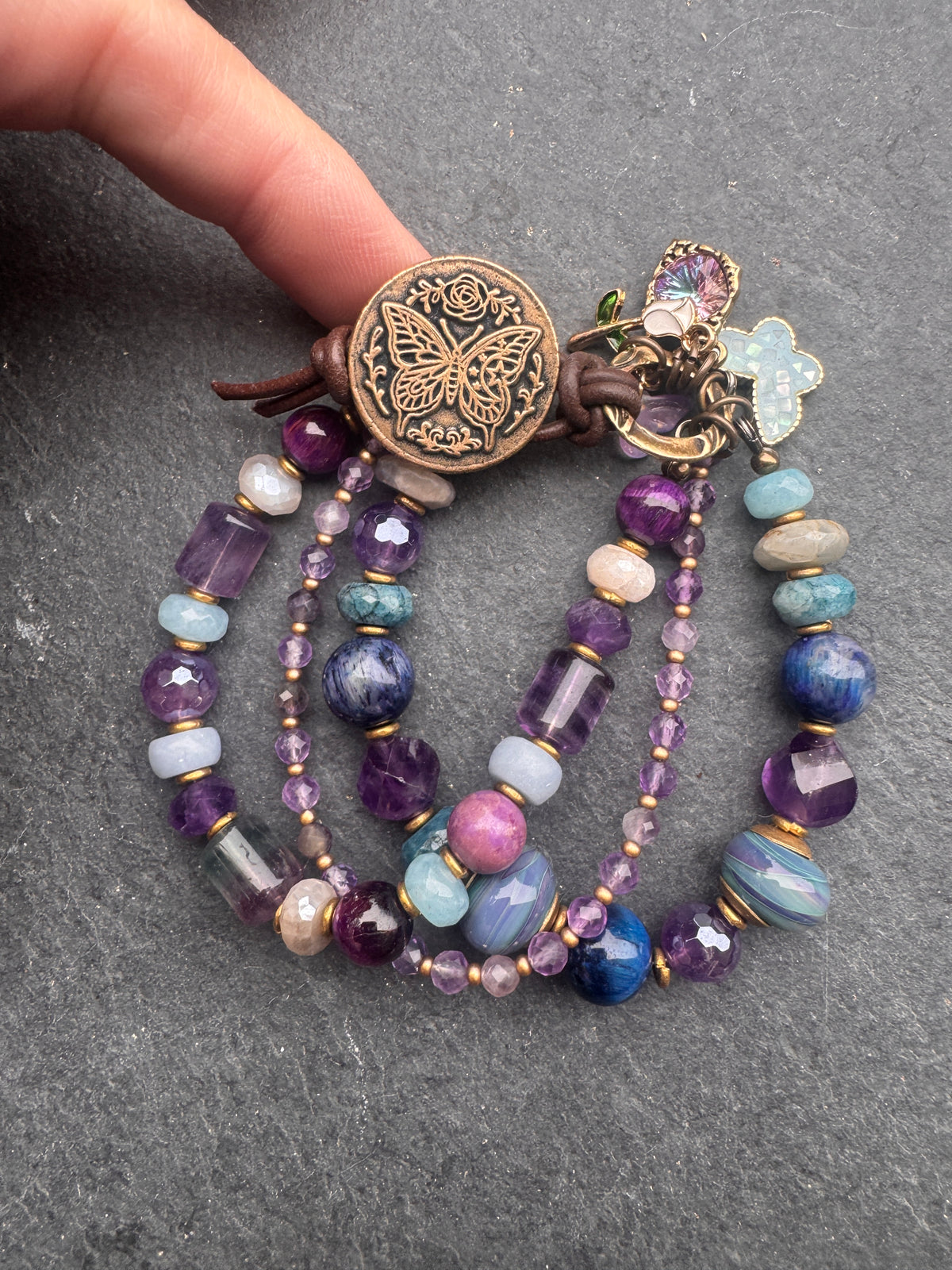 handmade lampwork glass, labradorite, fluorite, tigers eye, amethyst, aquamarine, moonstone, apatite, and  handmade butterfly button clasp.