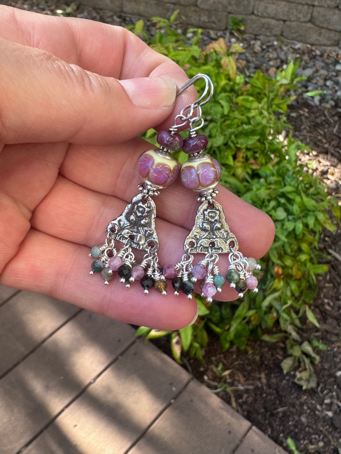 Handmade lampwork glass, silver pewter flower charm, watermelon tourmaline stone, earrings