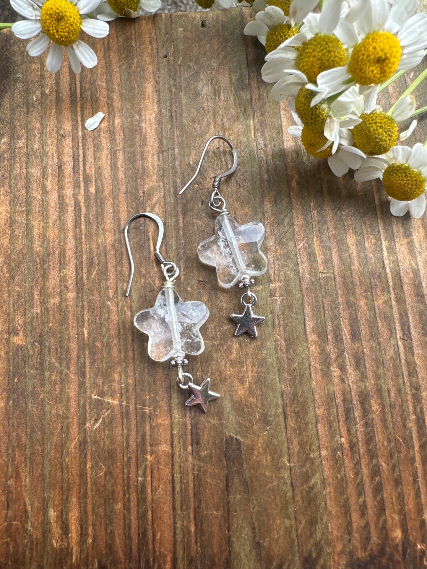 Clear quartz star shape stone, silver metal, earrings