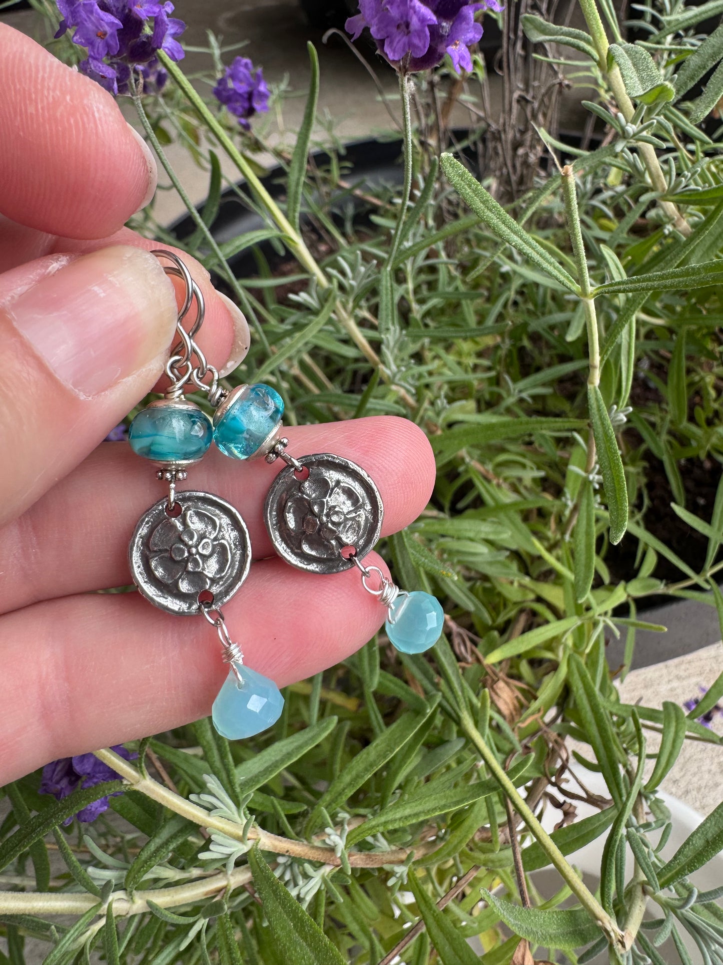 Handmade lampwork glass, blue chalcedony, silver pewter flower charm, earrings
