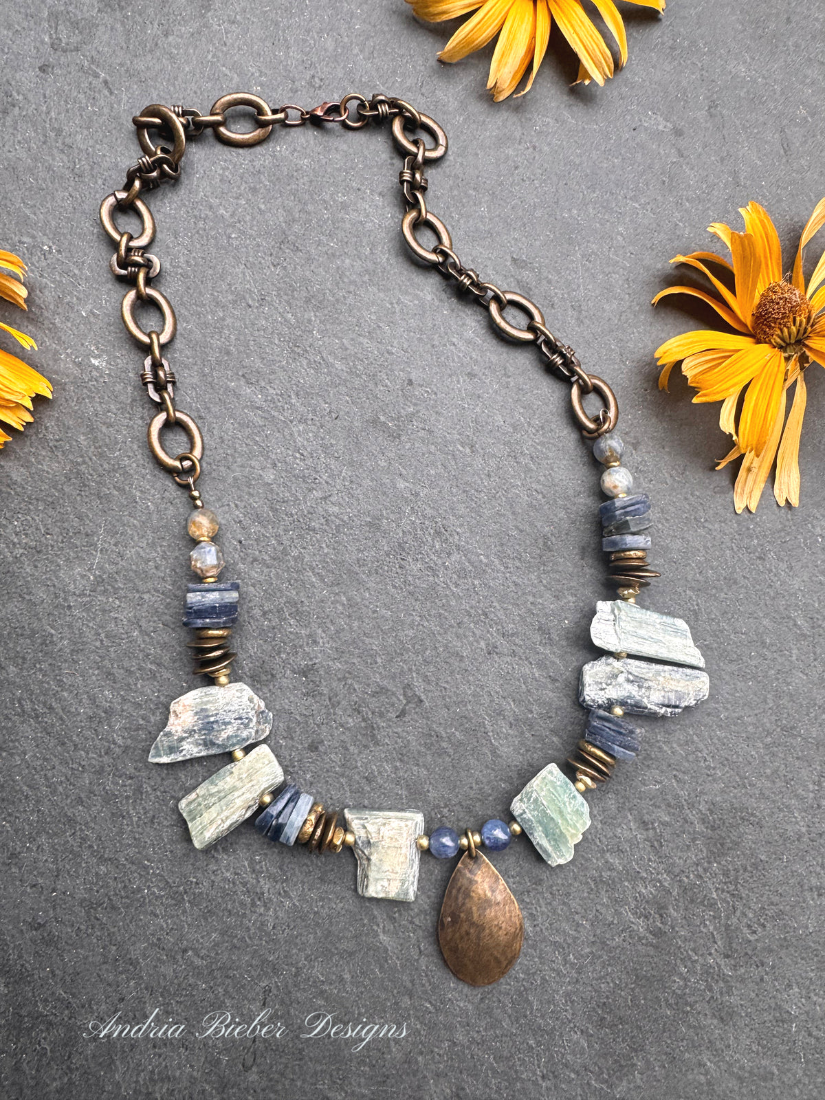 Blue kyanite gemstone, African brass, bronze metal, necklace
