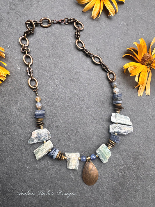 Blue kyanite gemstone, African brass, bronze metal, necklace