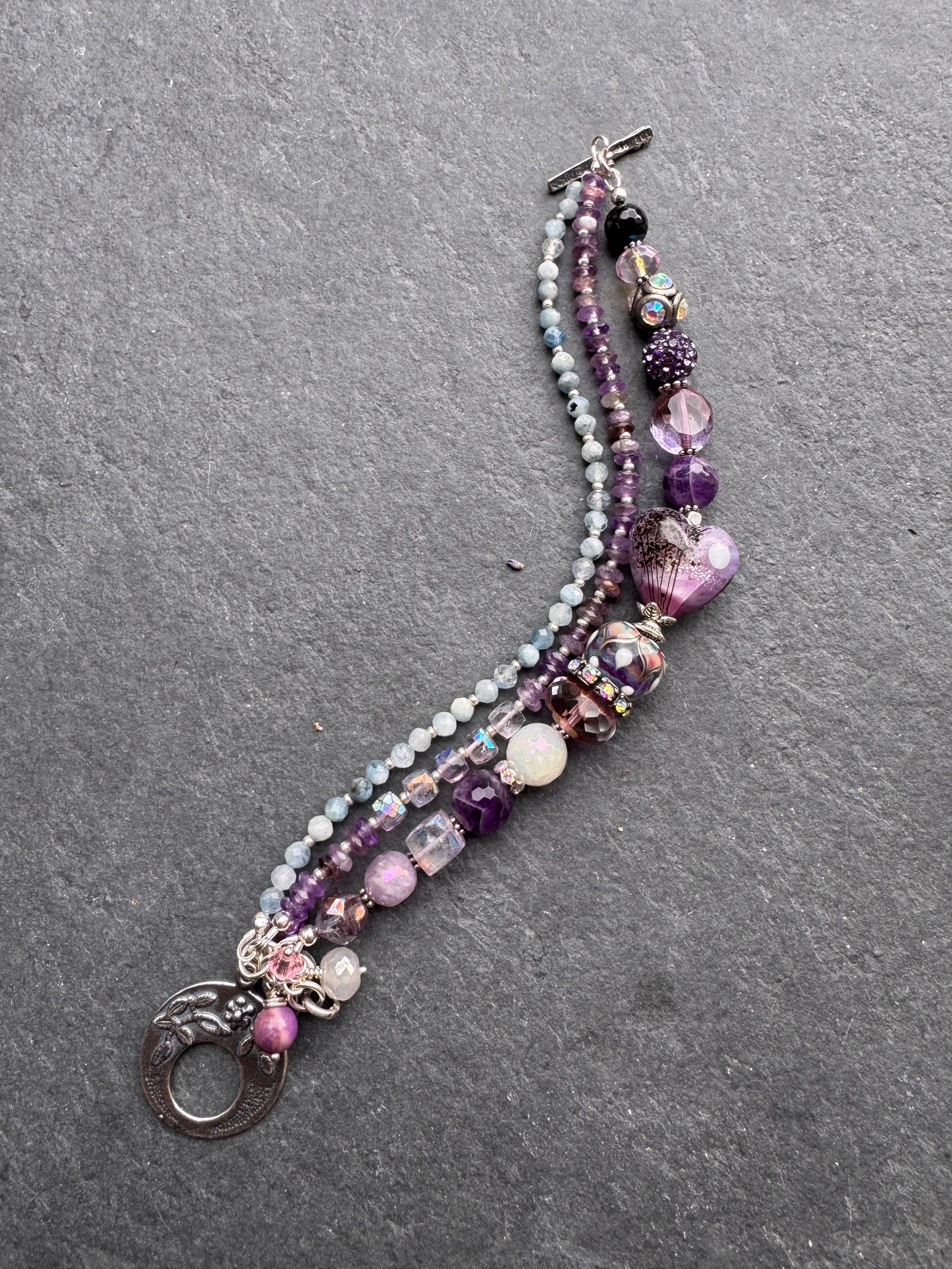 Cosmic layers. Aquamarine, Handmade lampwork glass, rhinestones, moonstone, amethyst, silver metal, flower clasp, bracelet