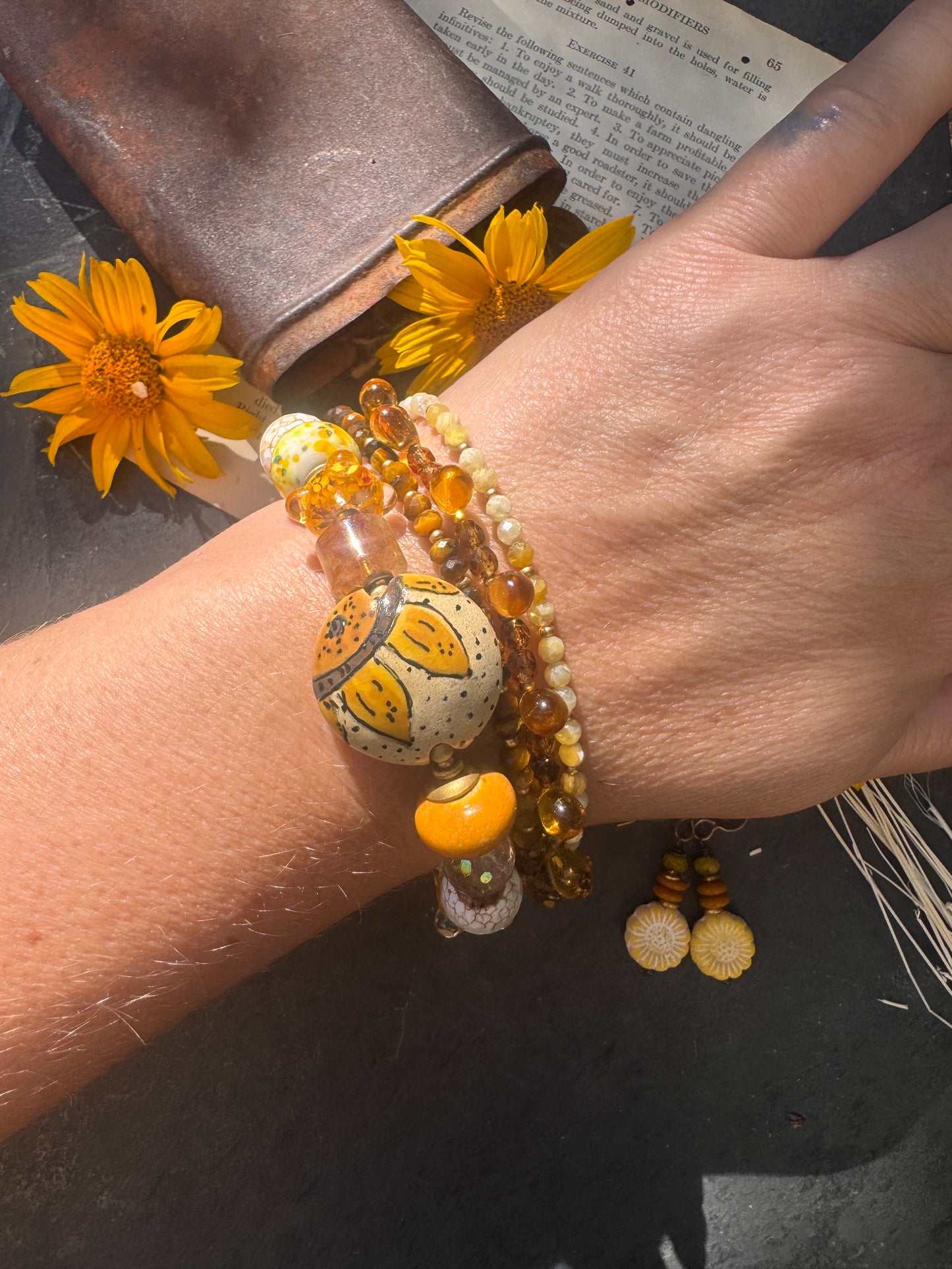 Sunflower. 🌻ceramic beads, Handmade lampwork glass, citron, tiger eye, African opal, Czech glass, bronze metal, bracelet. Includes earrings.