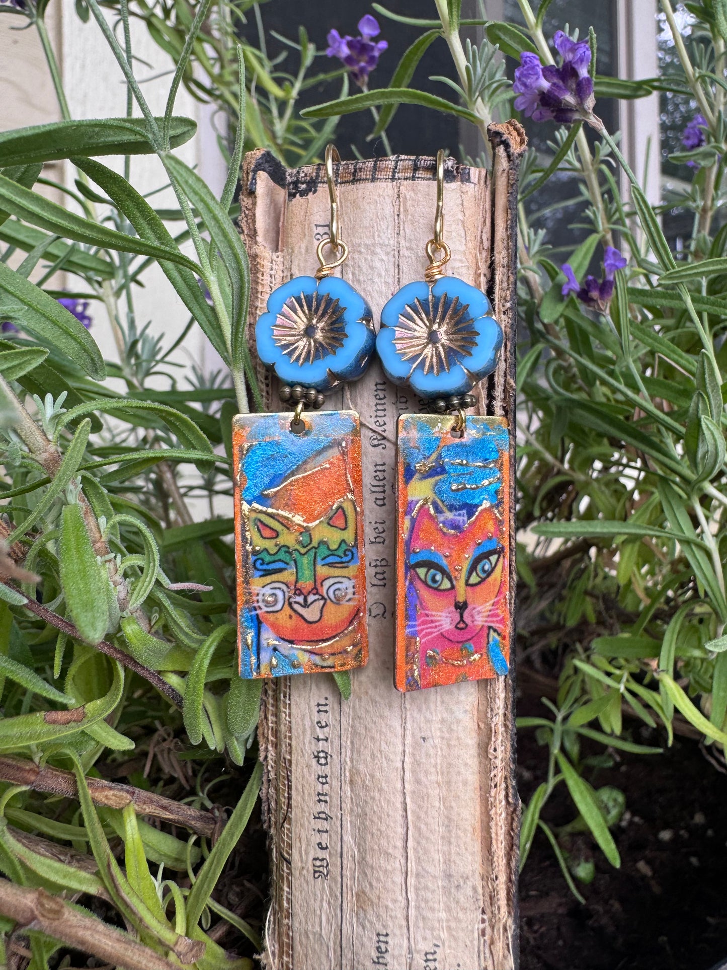 Cat earrings. Enamel charms, Czech glass flowers, gold metal, earrings